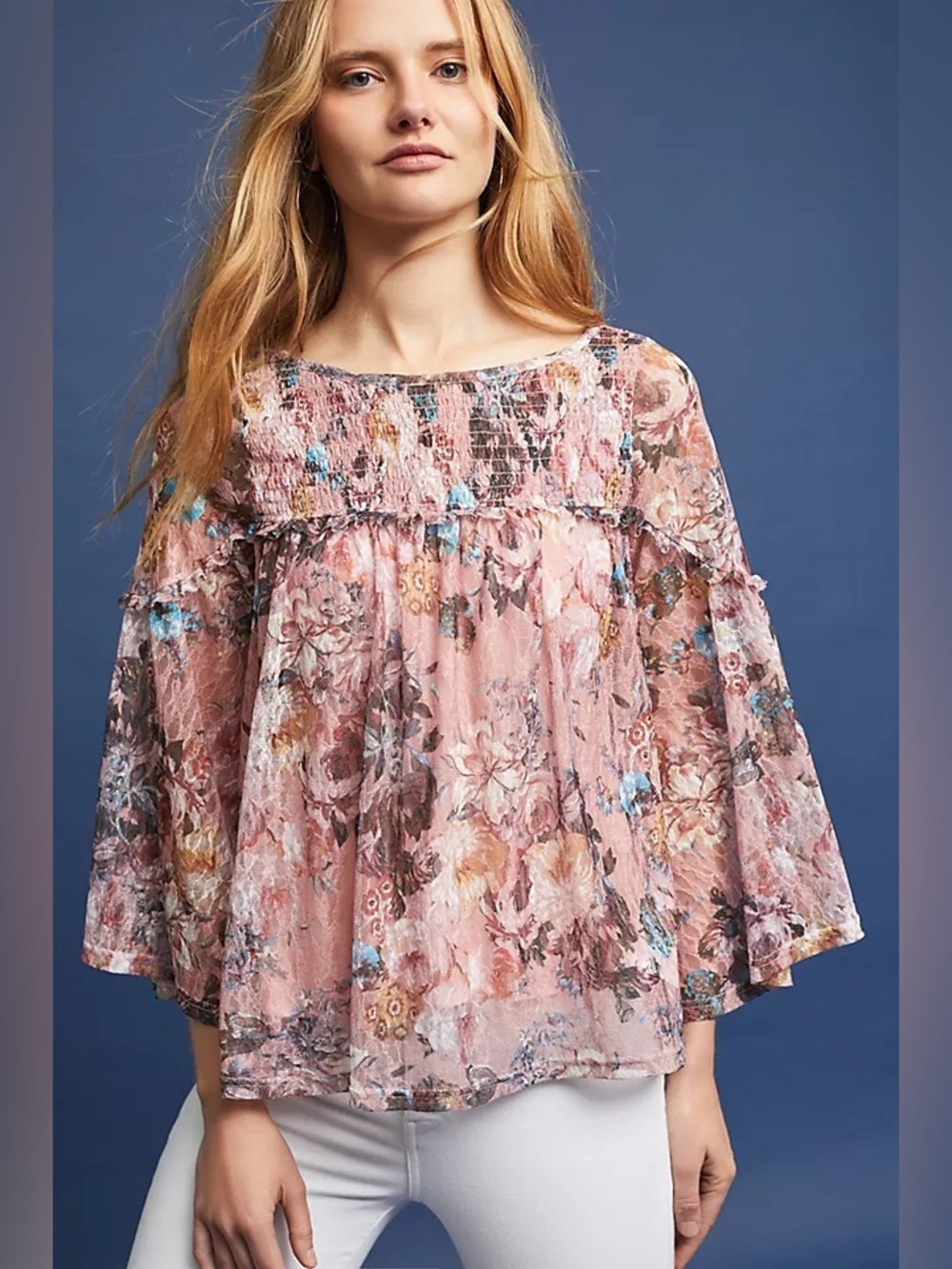 Anthropologie Akima + Kin Floral Boho Blouse Romantic Peasant Sheer Size XS